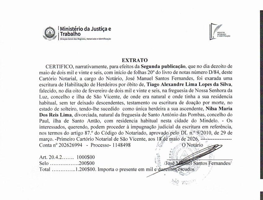 Cartório Notarial – Extrato Habilitação Herdeiros Tiago Alexandre Lima Lopes da Silva (2ª publicação)