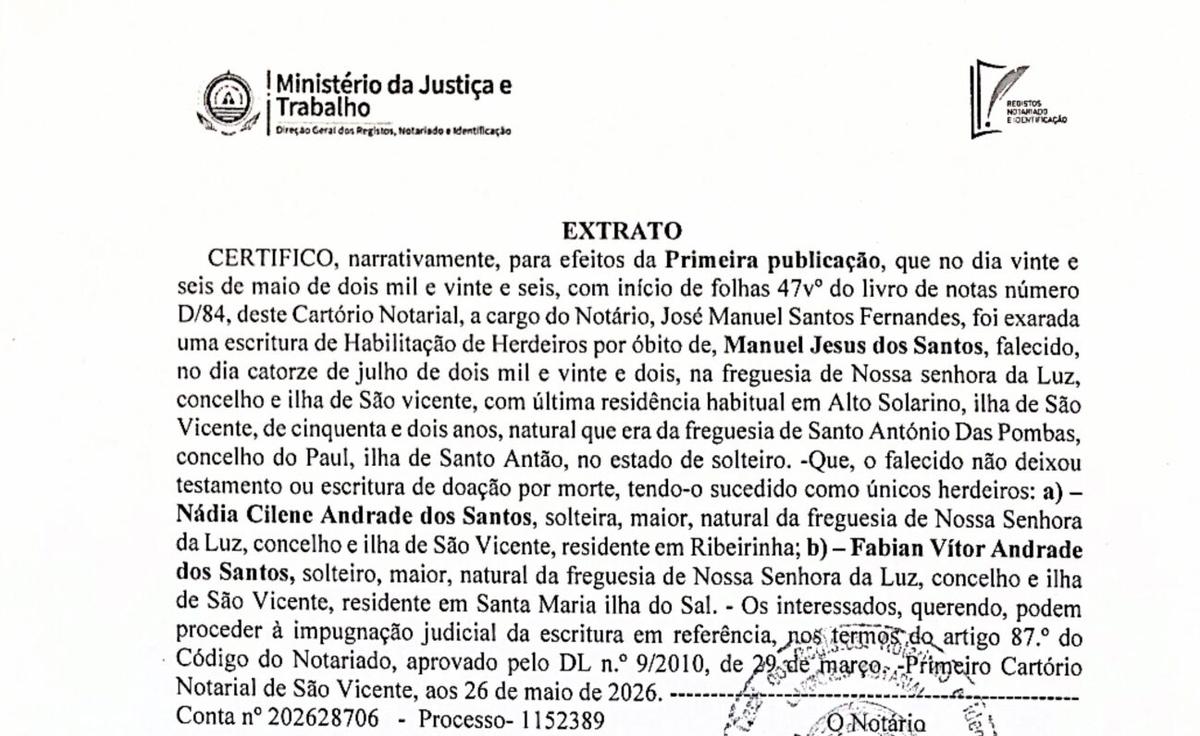 Cartório Notarial – Extrato Habilitação Herdeiros Manuel Jesus dos Santos (1ª publicação)