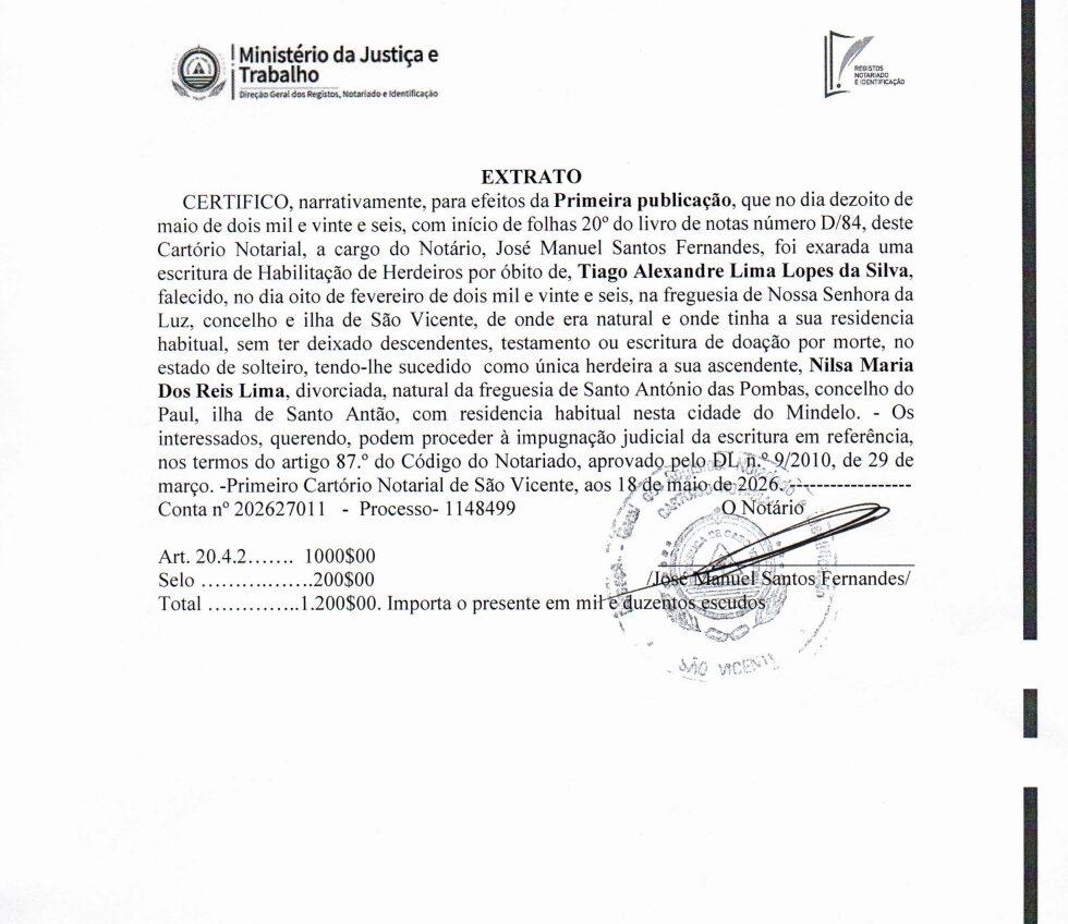 Cartório Notarial – Extrato Habilitação Herdeiros Tiago Alexandre Lima Lopes da Silva (1ª publicação)