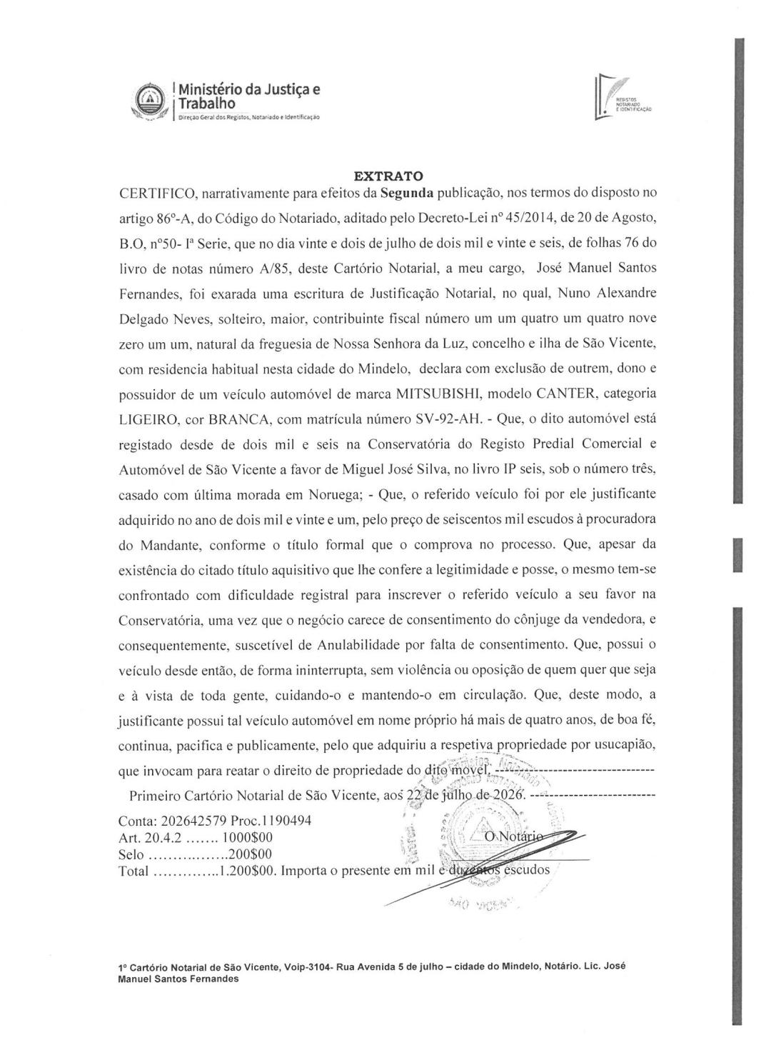 Cartório Notarial – Extrato de Mitsubishi a Miguel José Silva (2ª publicação)