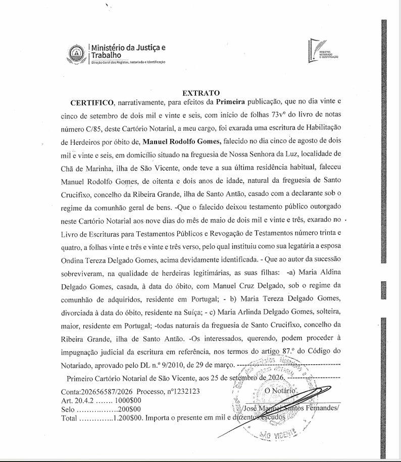 Cartório Notarial – Extrato Habilitação Manuel Rodolfo Gomes (Primeira publicação)