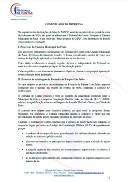 Esclarecimento do Tribunal de Contas - Obras da Câmara da Praia sem visto prévio