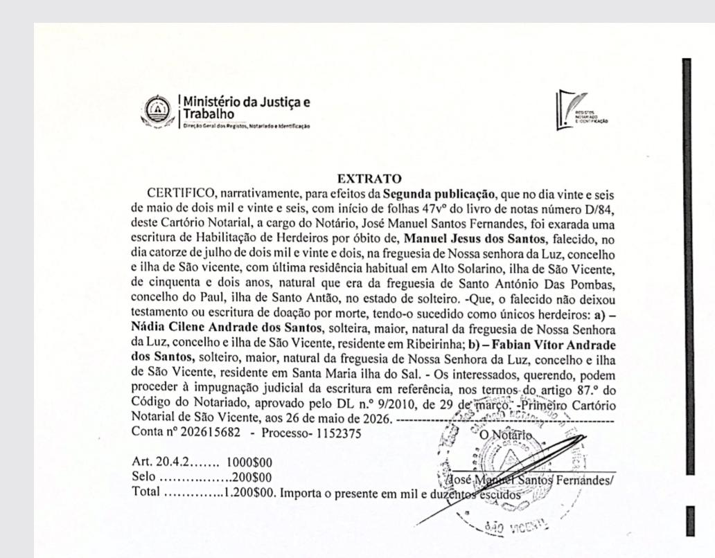 Cartório Notarial – Extrato de Habilitação de Herdeiros