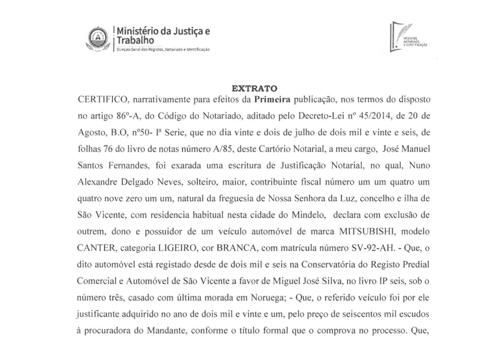 Cartório Notarial – Extrato de Mitsubishi a Miguel José Silva (1ª publicação)