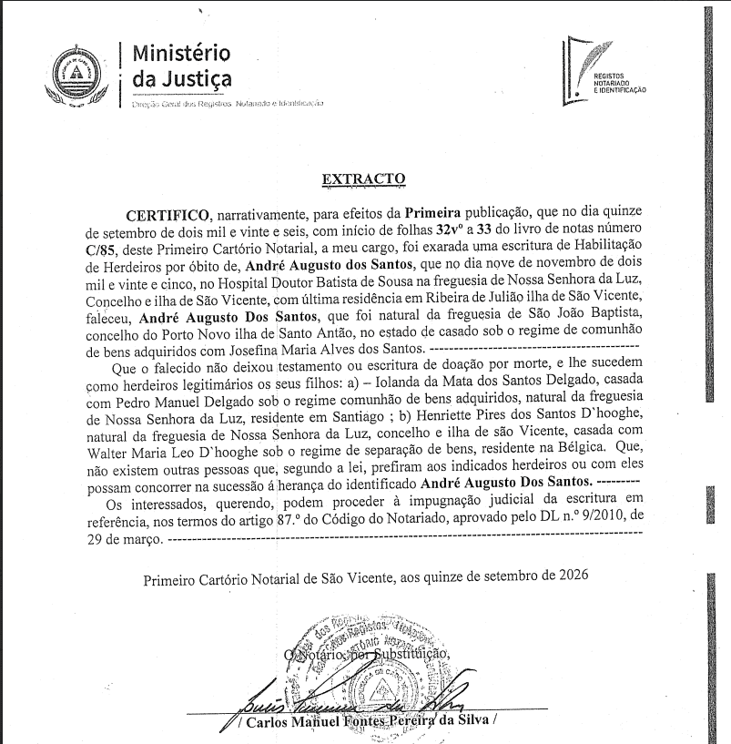 Cartório Notarial – Extrato Habilitação André Augusto dos Santos (Primeira publicação)