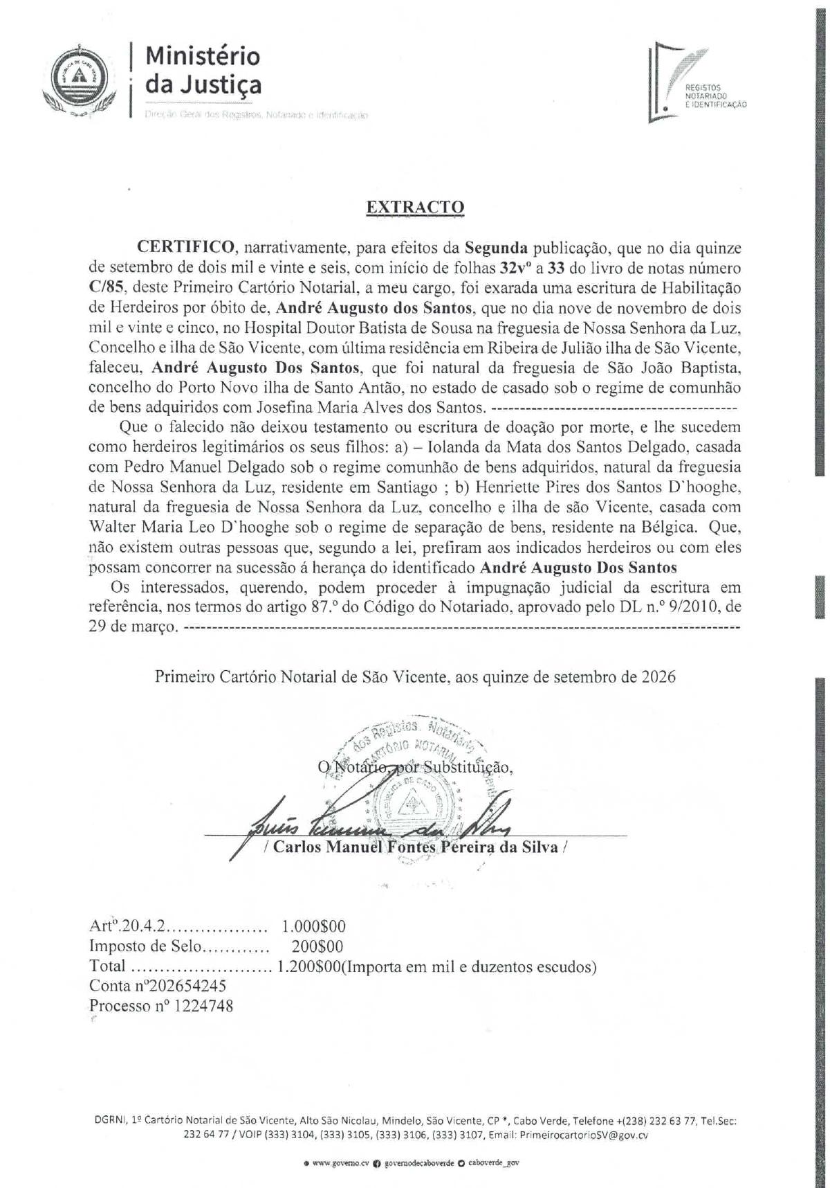 Cartório Notarial – Extrato Habilitação André Augusto dos Santos (Segunda publicação)