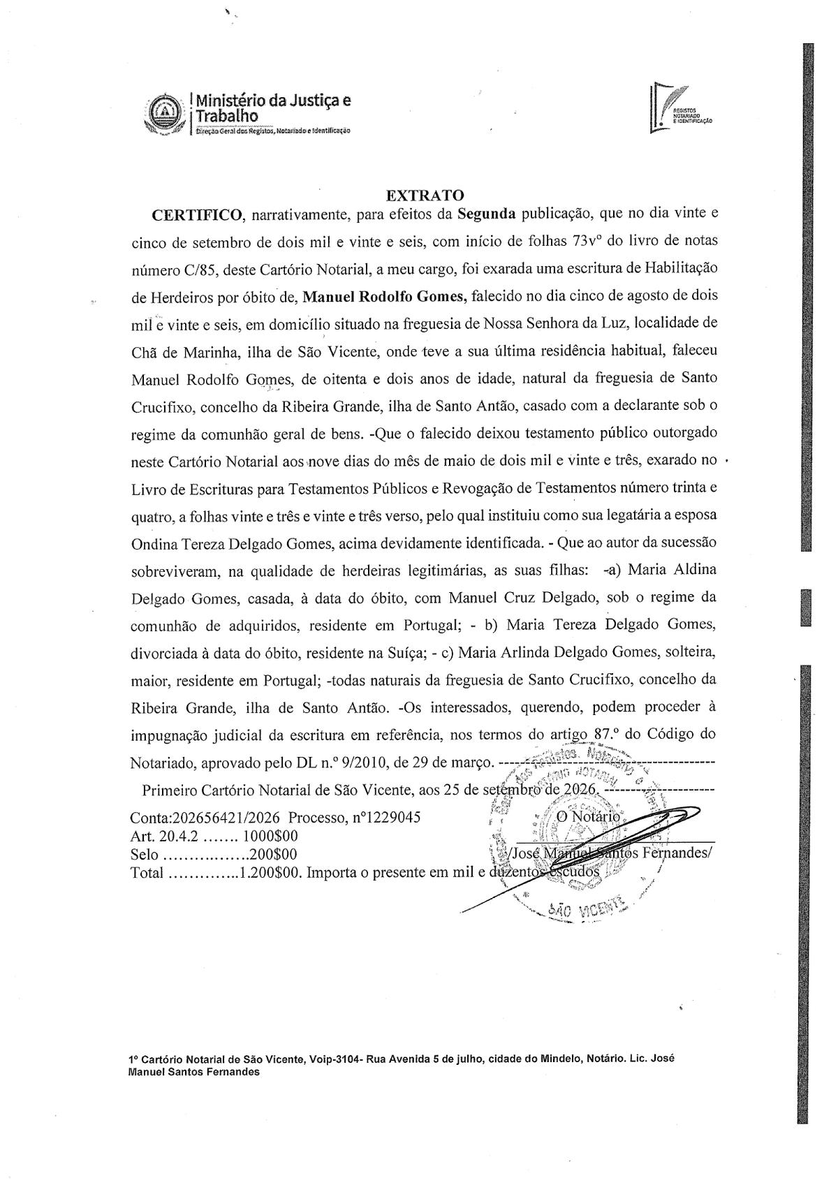 Cartório Notarial – Extrato Habilitação Manuel Rodolfo Gomes (Segunda publicação)