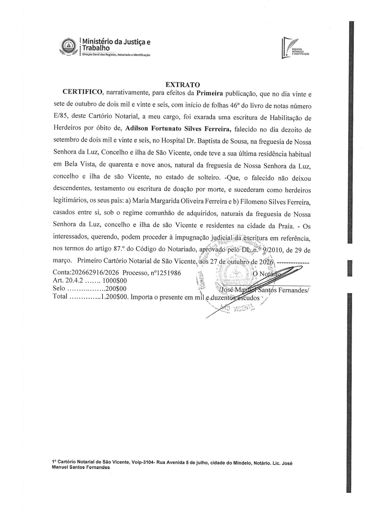 Cartório Notarial – Extrato Habilitação Herdeiros Adilson Fortunato Silves Ferreira (Primeira publicação)